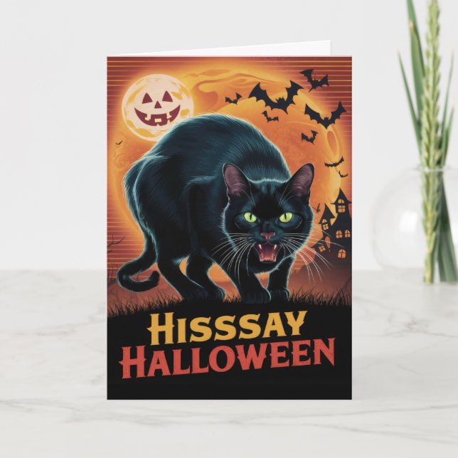 Vintage Black Cat Hisssay Halloween Holiday Card (Front)