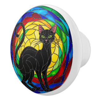 Vintage Black Cat Knob, colourful mosaic Ceramic Knob