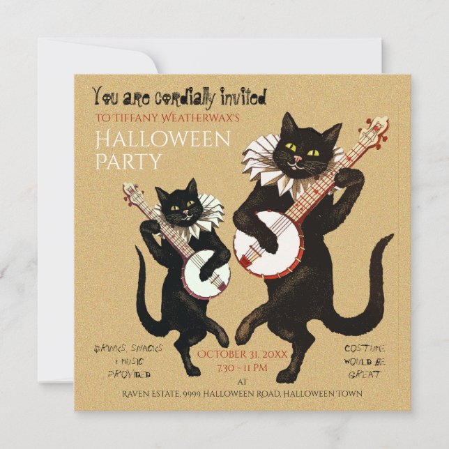 Vintage  Black Cat Music with Banjo Invitation (Front)
