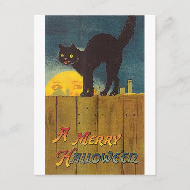 Vintage Black cat on a Fence Halloween Card (Front)