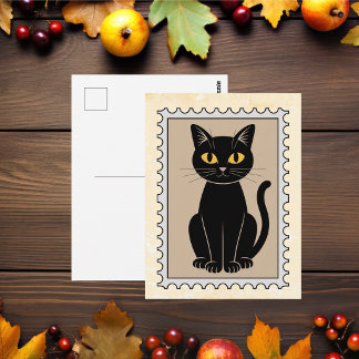 Vintage Black Cat Postage Stamp Postcard