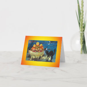 Vintage Black Cat Pumpkin Invite Card