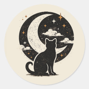 Vintage Black Cat Under Crescent Moon   Minimalist Classic Round Sticker
