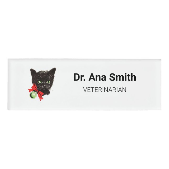 Vintage Black Cat veterinary profession business Name Tag (Front)