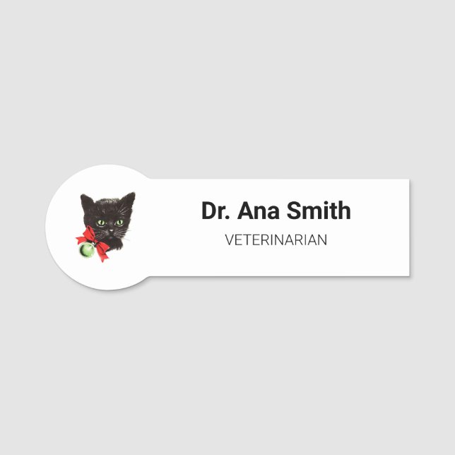 Vintage Black Cat veterinary profession business Name Tag (Front)