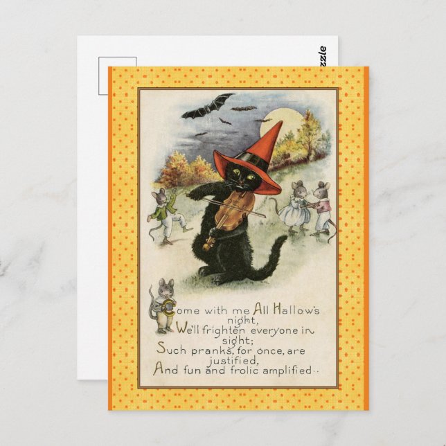 Vintage Black Cat Violin Halloween Postcard (Front/Back)