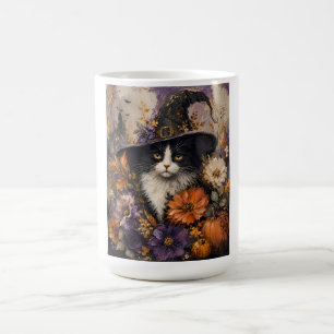 Vintage Black Cat Witch Hat Autumn Floral Coffee Mug