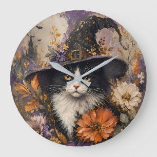 Vintage Black Cat Witch Hat Autumn Floral Large Clock
