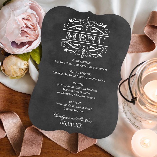 Vintage Black Chalkboard Flourish Wedding Menu (Creator Uploaded)