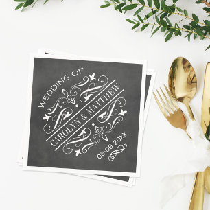 Vintage Black Chalkboard Flourish Wedding Monogram Napkin