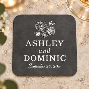 Vintage Black Chalkboard Wedding Monogram Square Paper Coaster