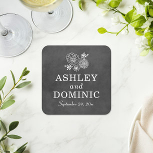 Vintage Black Chalkboard Wedding Monogram Square Paper Coaster