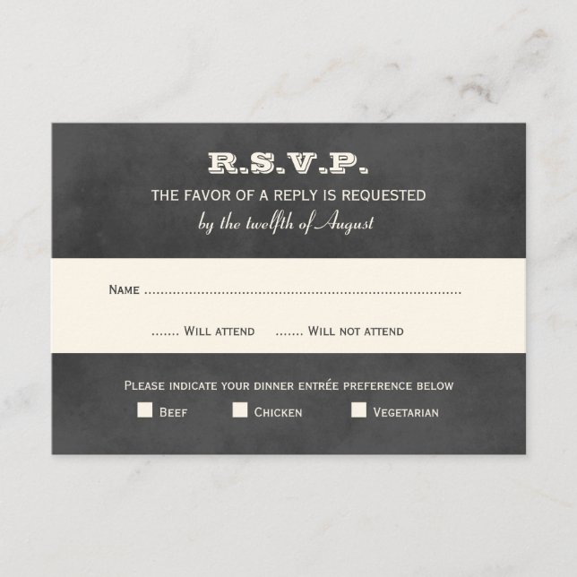 Vintage Black Chalkboard Wedding RSVP Card (Front)
