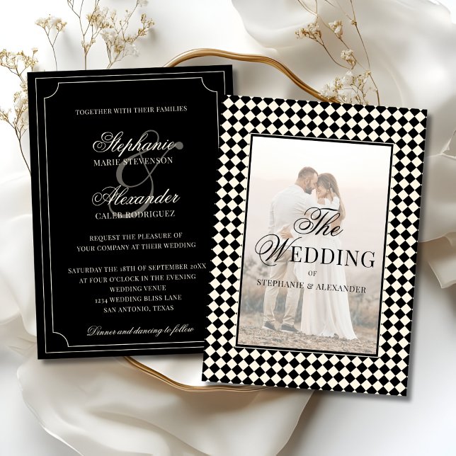 Vintage Black Checkered Old Money Photo Wedding Invitation (Creator Uploaded)