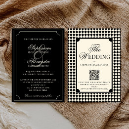 Vintage Black Chequered Old Money QR Code Wedding Invitation