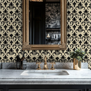 Vintage Black Damask Distressed Gothic Baroque Wallpaper