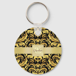 Vintage Black Damask Gold Monogram Keychain