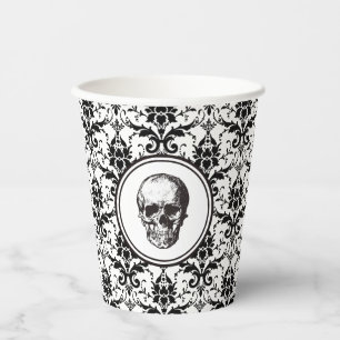 Vintage Black Damask Skull Halloween Paper Cups
