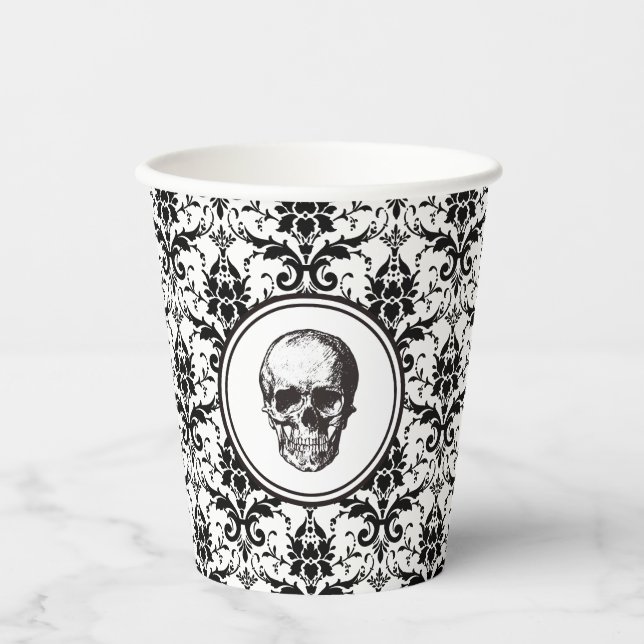 Vintage Black Damask Skull Halloween  Paper Cups (Front)