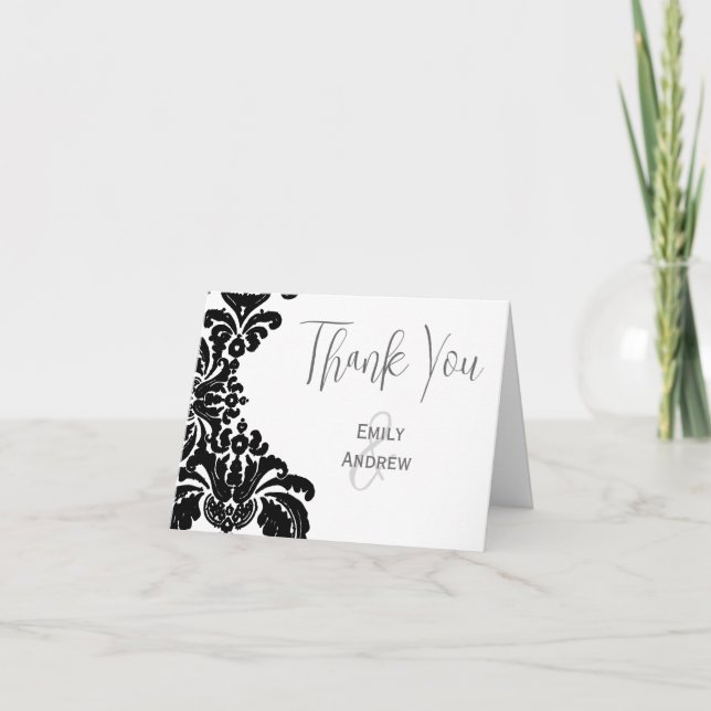 Vintage Black Damask Wedding Thank You (Front)