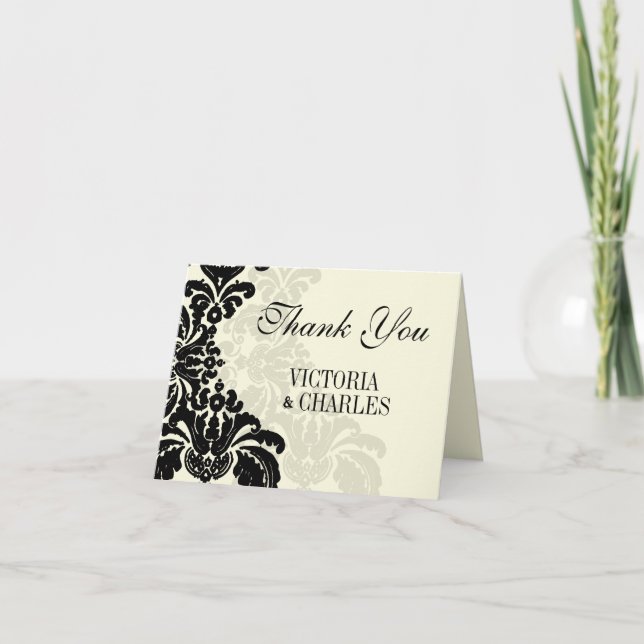 Vintage Black Damask Wedding Thank You Card (Front)