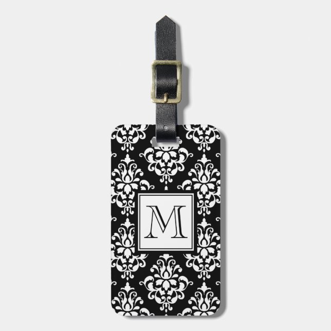 VINTAGE BLACK DAMASK YOUR MONOGRAM LUGGAGE TAG (Front Vertical)