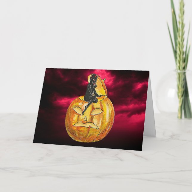 Vintage Black Devil on Jack o' Lantern Card (Front)