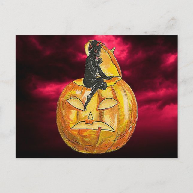Vintage Black Devil on Jack o' Lantern Postcard (Front)