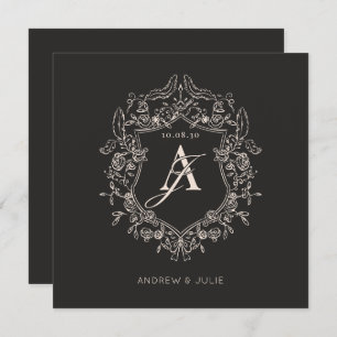 Vintage black elegant floral crest frame wedding  invitation