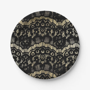 Vintage black elegant french floral lace faux gold paper plate