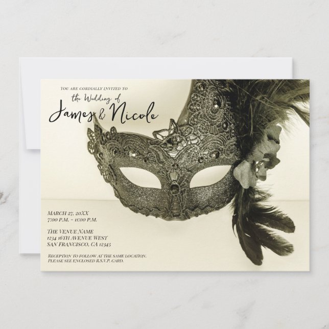 Vintage Black Feather Masquerade Mask Tan Wedding Invitation (Front)