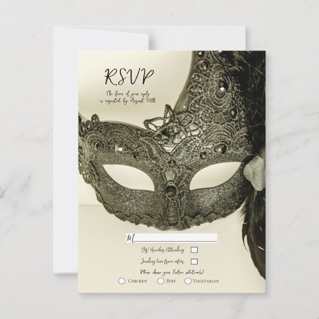 Vintage Black Feather Masquerade Mask Wedding RSVP Invitation (Front)