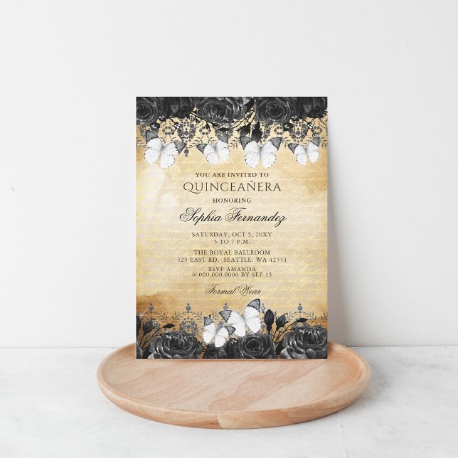 Vintage Black Floral Butterfly Quinceañera  Invitation (Vintage Black Floral Butterfly Quinceañera Invitation )