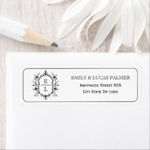 Vintage black floral crest monogram border wedding