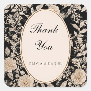 Vintage Black Floral Lace Wedding Thank You Card Square Sticker
