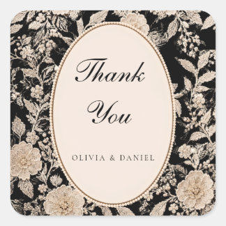 Vintage Black Floral Lace Wedding Thank You Card Square Sticker