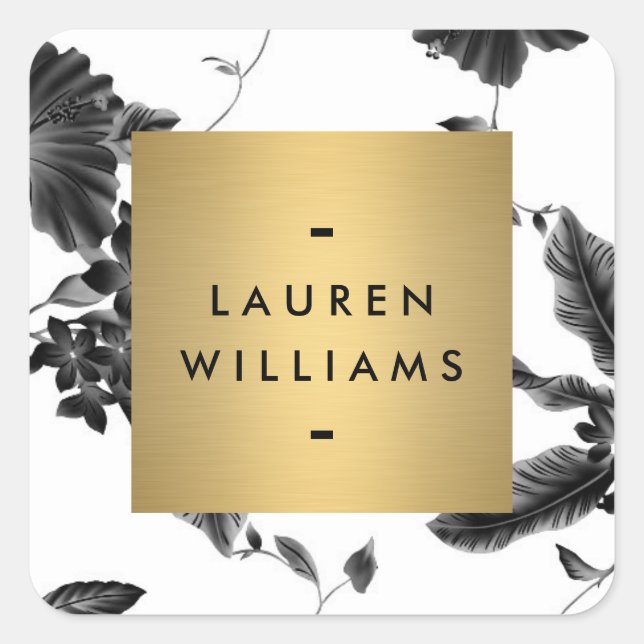 Vintage Black Floral Pattern Personalised Square Sticker (Front)