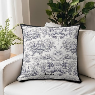 Vintage Black Floral Toile de Jouy Monogram Cushion