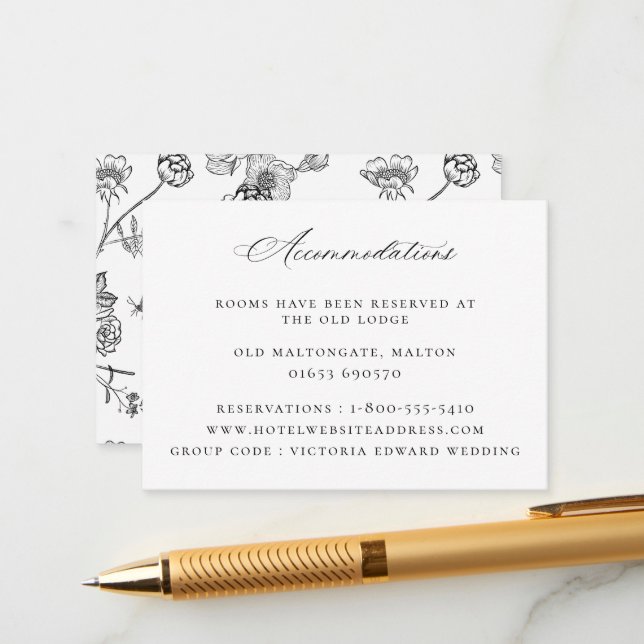 Vintage Black Floral Wedding Accommodations Enclosure Card (Front/Back In Situ)