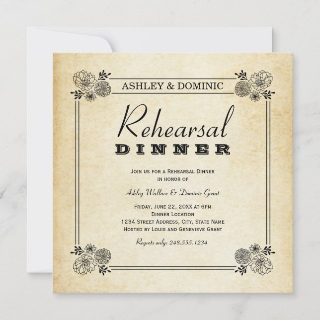 Vintage Black Floral Wedding Rehearsal Dinner Invitation (Front)
