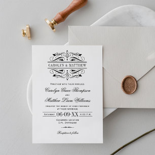 Vintage Black Flourish White Wedding Invitation