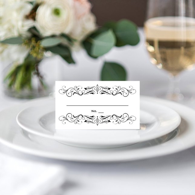 Vintage Black Flourish White Wedding Place Card (Creator Uploaded)