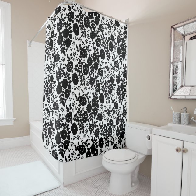 Vintage Black Flower Pattern Large Shower Curtain (In Situ)