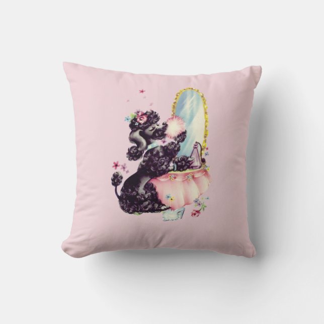 Vintage Black French Poodle Throw Pillow (Front)