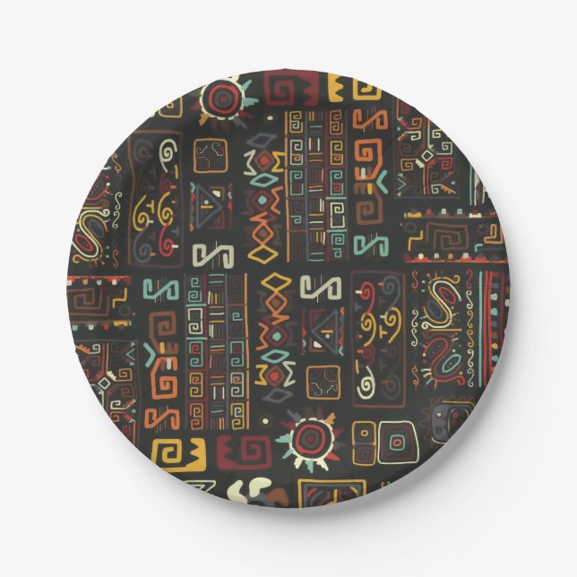Vintage Black Geometric African Doodle  Paper Plate (Front)