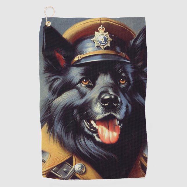 Vintage Black German Shepherd Painting Golf Towel (Front)
