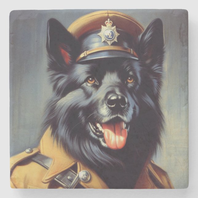 Vintage Black German Shepherd Painting Stone Coaster (Front)