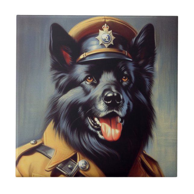 Vintage Black German Shepherd Painting Tile (Front)