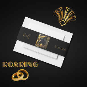 vintage black gold 1920s wedding invitation belly band