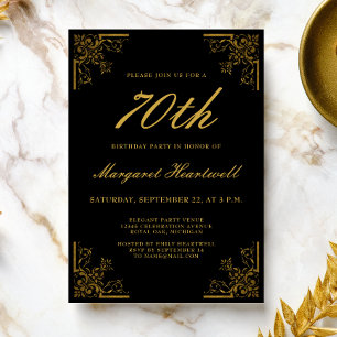 Vintage Black Gold 70th Birthday Invitation